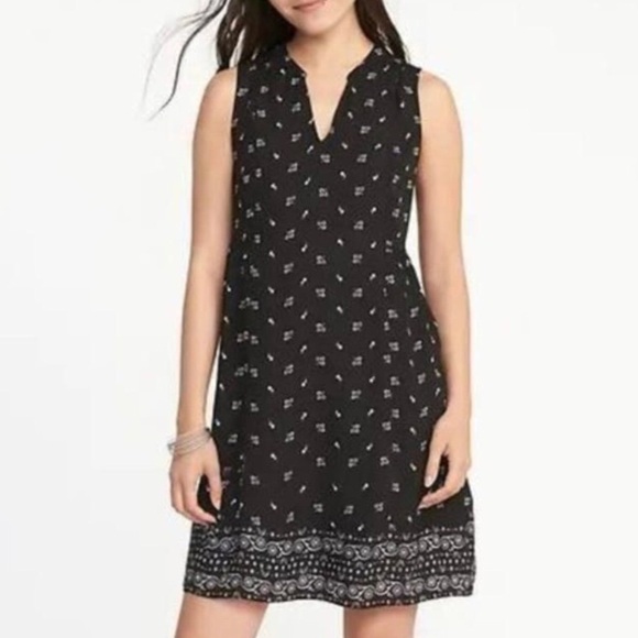 Old Navy Women XS Black Printed Boho V-Neck Sleeveless Georgette Swing Dress - Picture 1 of 8